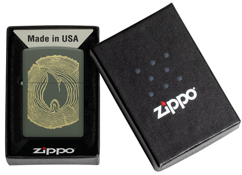 Zippo Wood Ring Design Green Matte Windproof Lighter in its packaging.