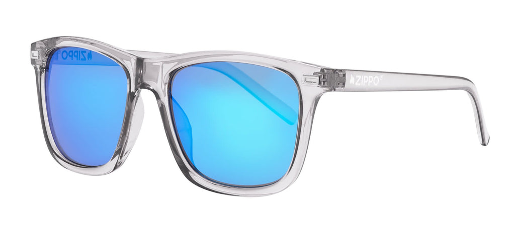 Front angled shot of Classic Angular Transparent Sunglasses OB63 - Blue