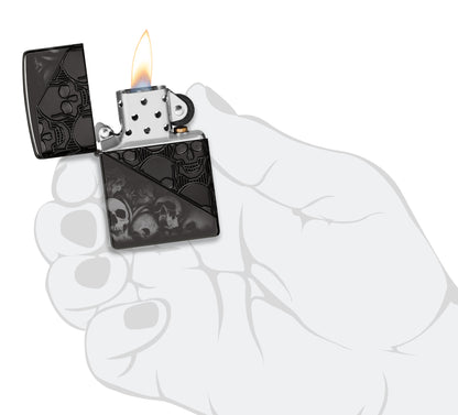 Zippo Skull Collage Design ArmorÂ® High Polish Black Windproof Lighter lit in hand.