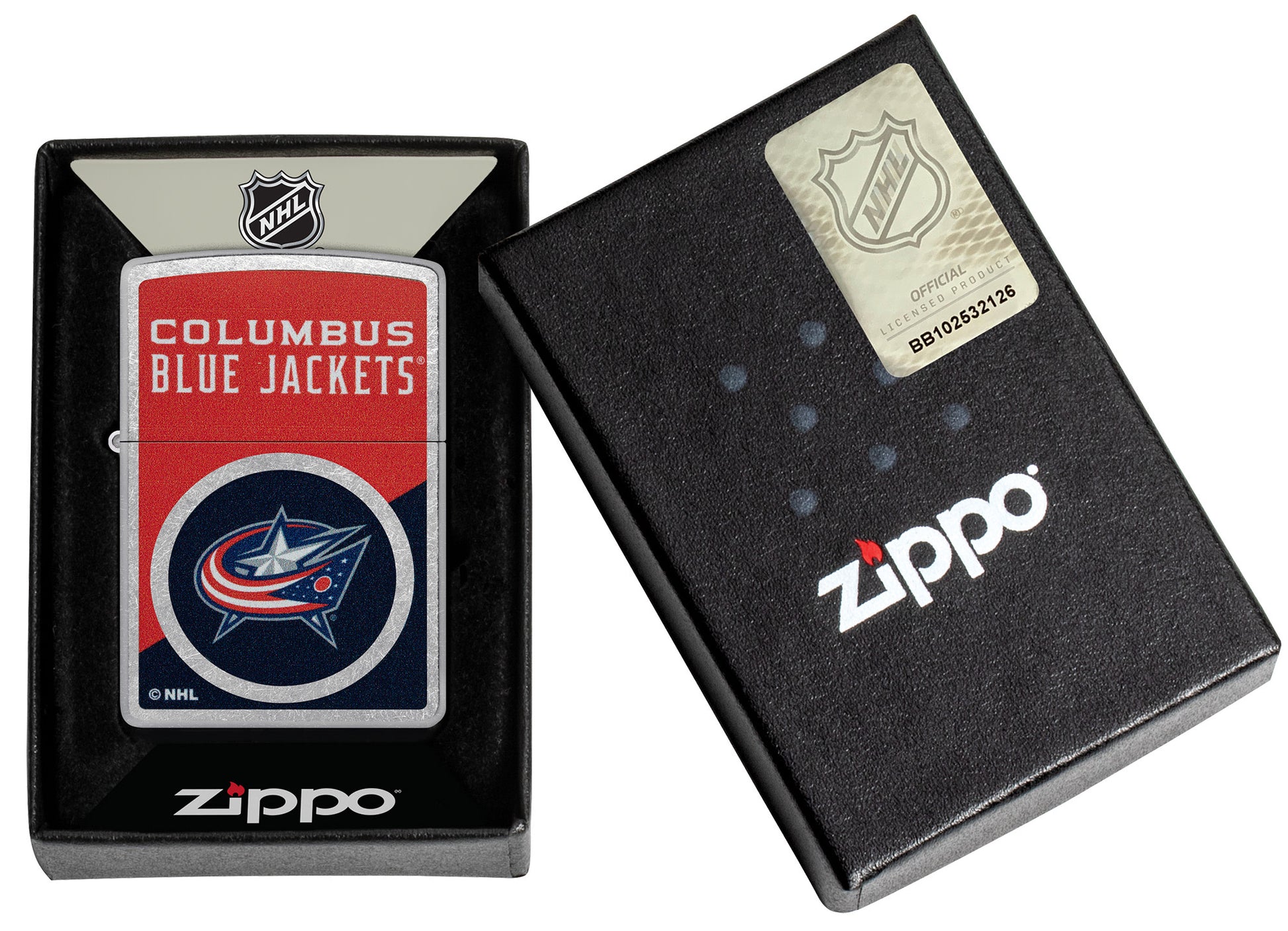 Zippo NHL® Columbus Blue Jackets® 2024 Street Chrome™ Windproof Lighter in its packaging.