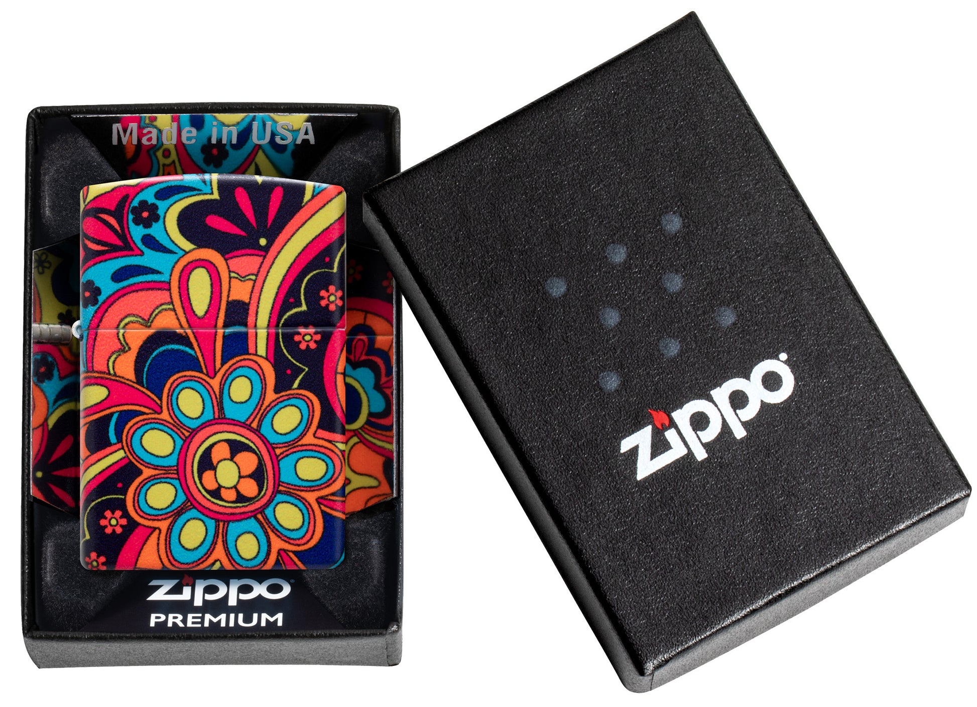 Zippo Flower Power Design 540 Matte Windproof Lighter in its packaging.