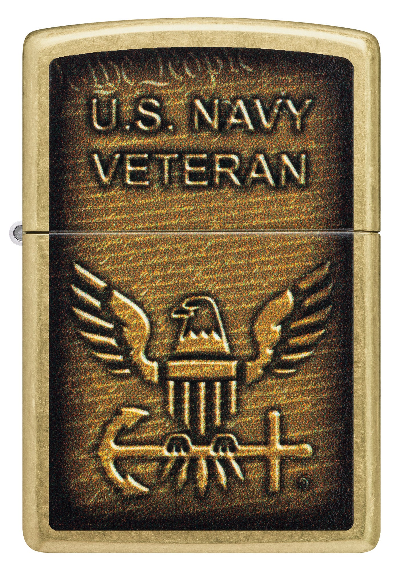Front view of Zippo United States NavyÂ® Street Brass Windproof Lighter.
