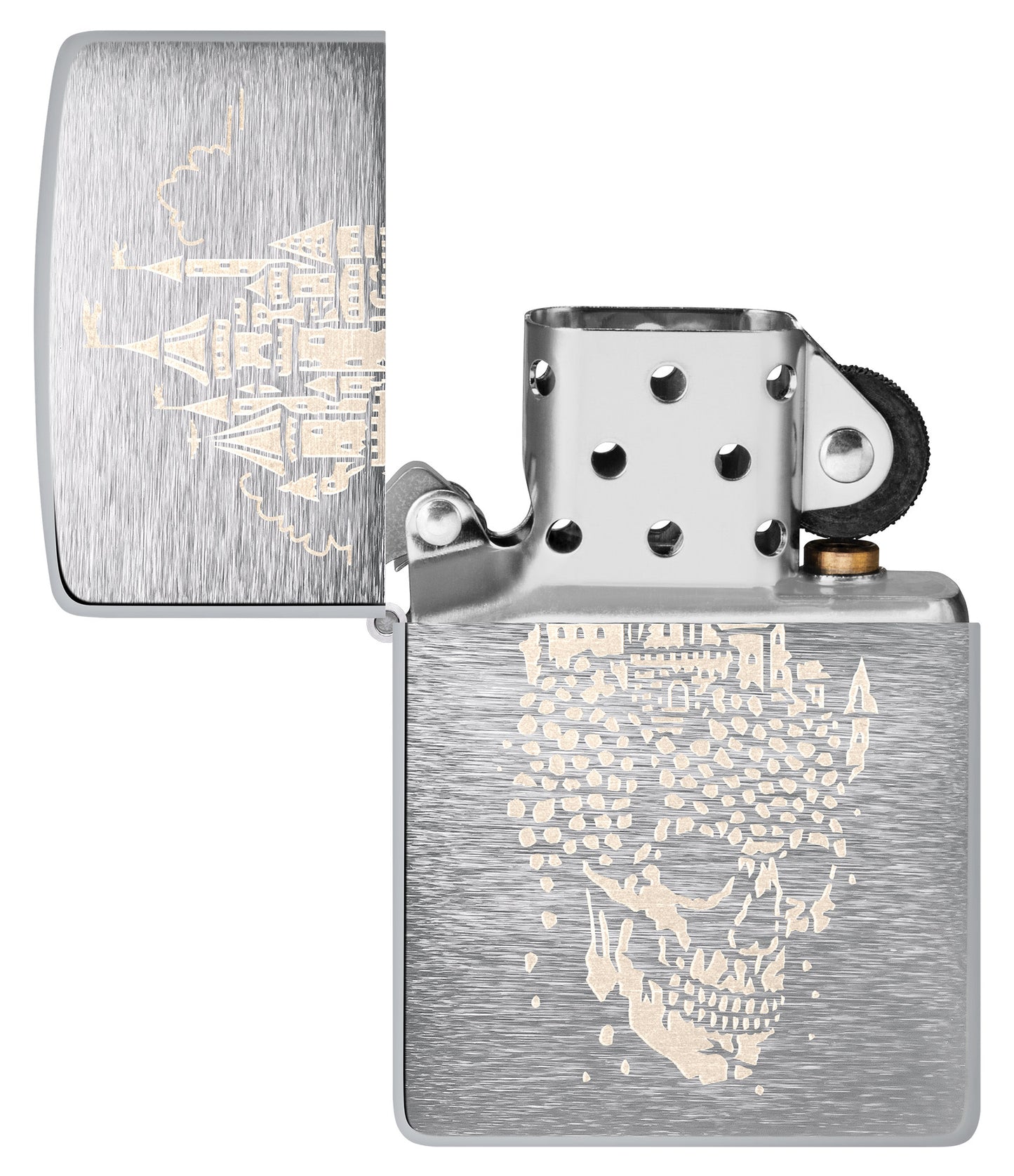 Zippo Skull Castle Design Brushed Chrome Windproof Lighter with its lid open and unlit.