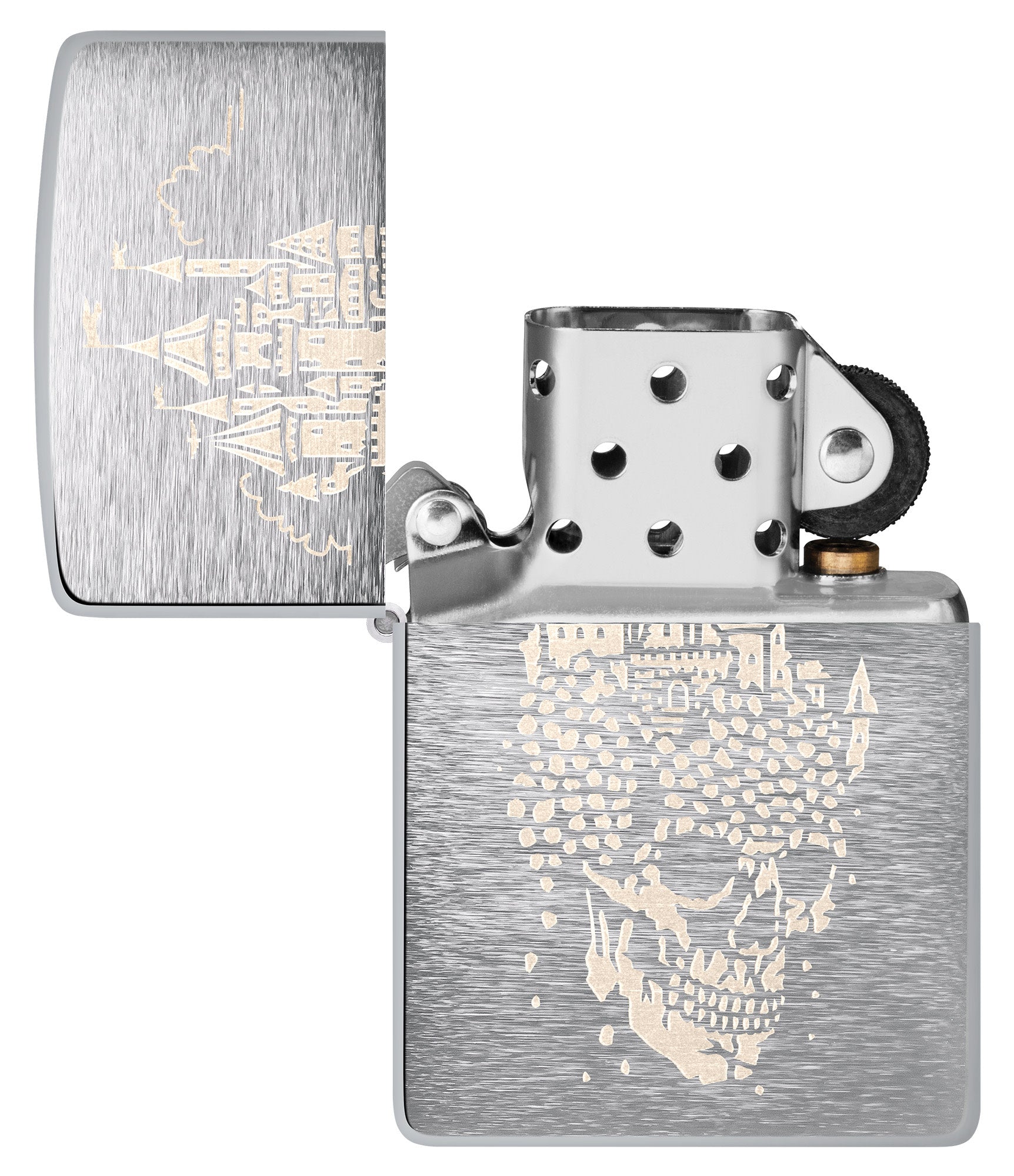 Zippo Skull Castle Design Brushed Chrome Windproof Lighter with its lid open and unlit.