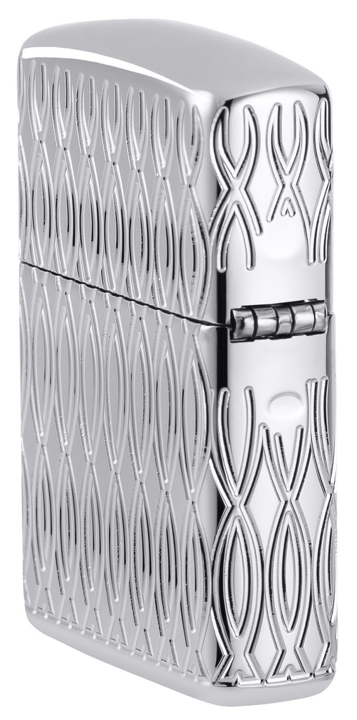Angled shot of Zippo Flame Design Armor High Polish Chrome Windproof Lighter showing the back and hinge side of the lighter.
