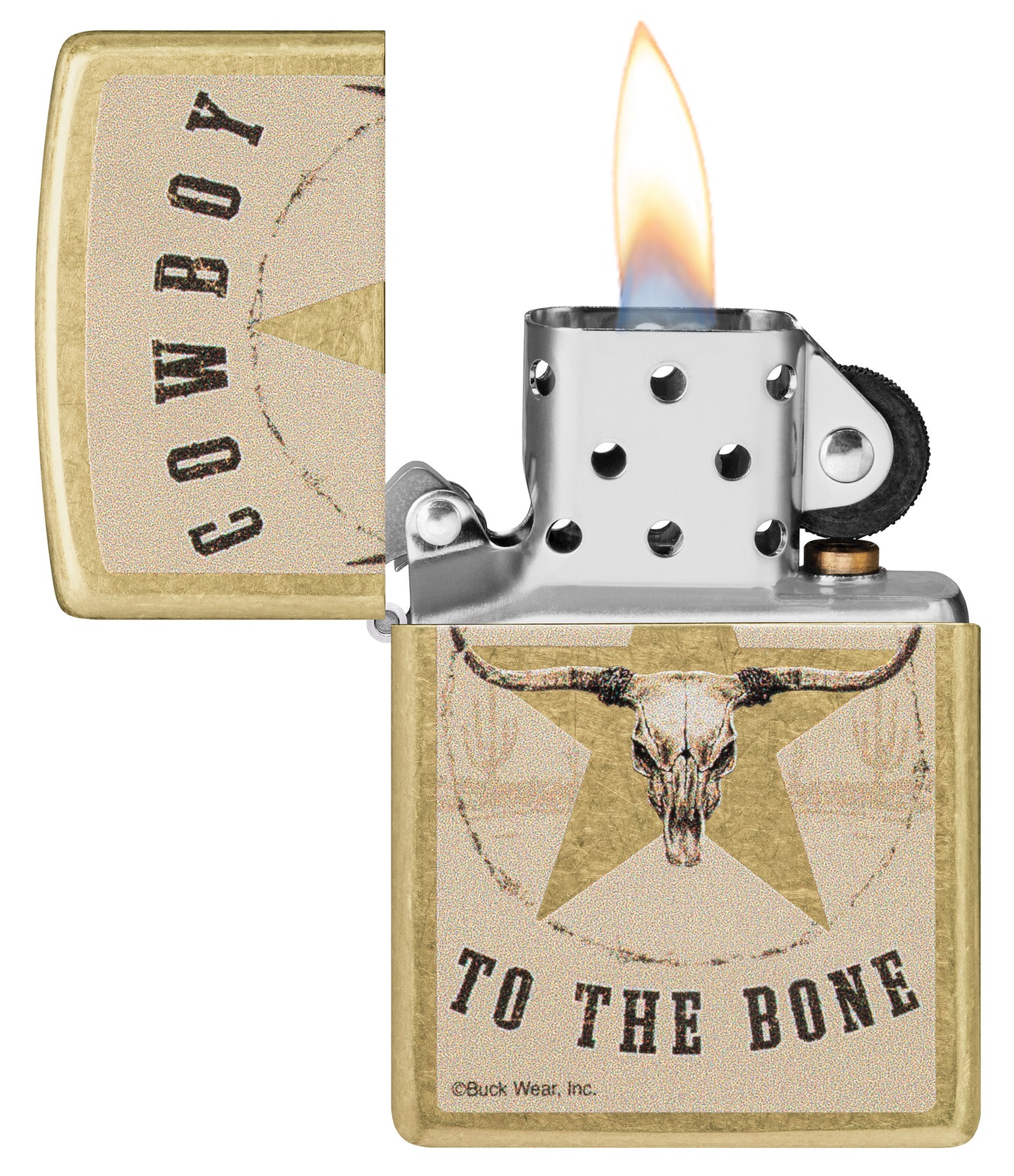 Zippo Buck Wear Reg Street Brass Windproof Lighter with its lid open and lit.