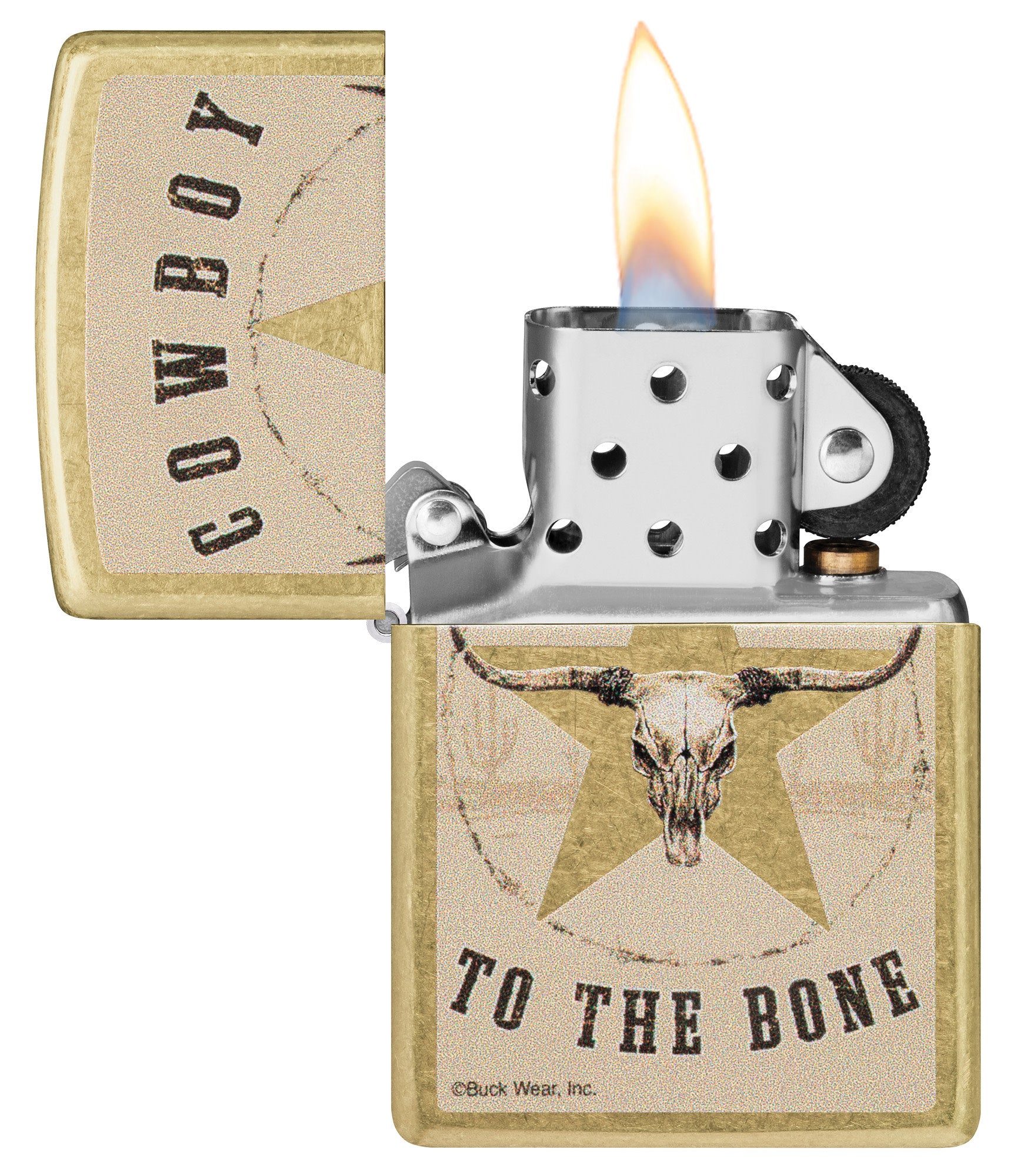 Zippo Buck Wear Reg Street Brass Windproof Lighter with its lid open and lit.