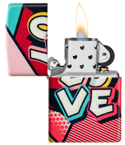 Zippo Love Design 540 Matte Windproof Lighter with its lid open and lit.