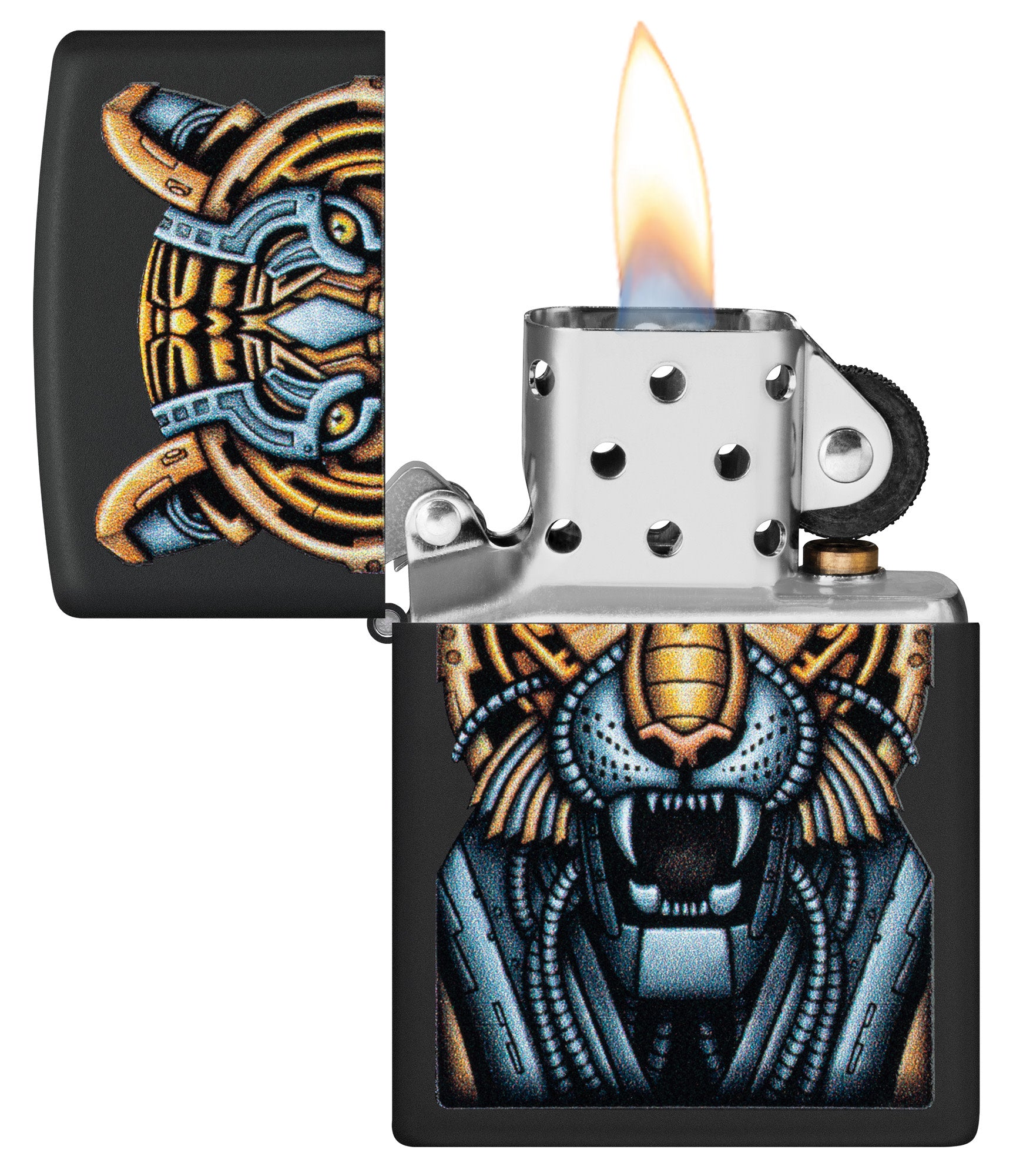 Zippo Bionic Tiger Design Black Matte Windproof Lighter with its lid open and lit.
