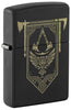 Front shot of Zippo Assassin's Creed Design Black Matte Windproof Lighter standing at a 3/4 angle.
