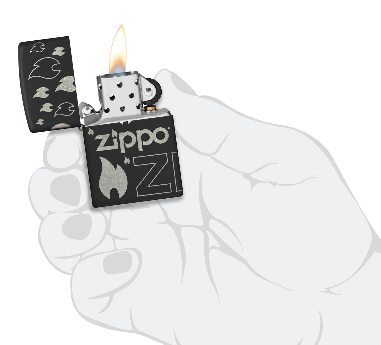 Zippo Design Black Matte with Chrome Windproof Lighter lit in hand.