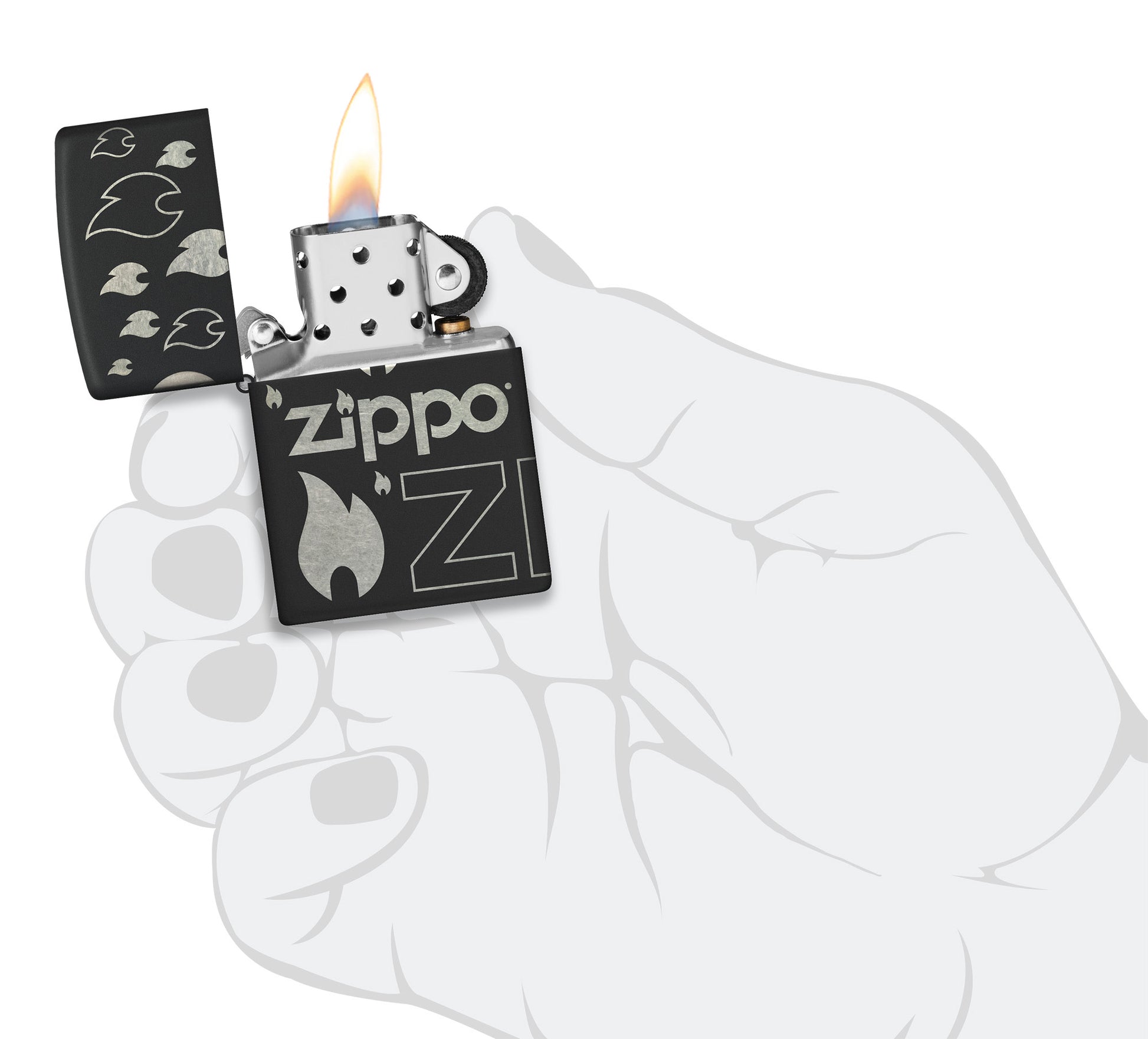 Zippo Design Black Matte with Chrome Windproof Lighter lit in hand.