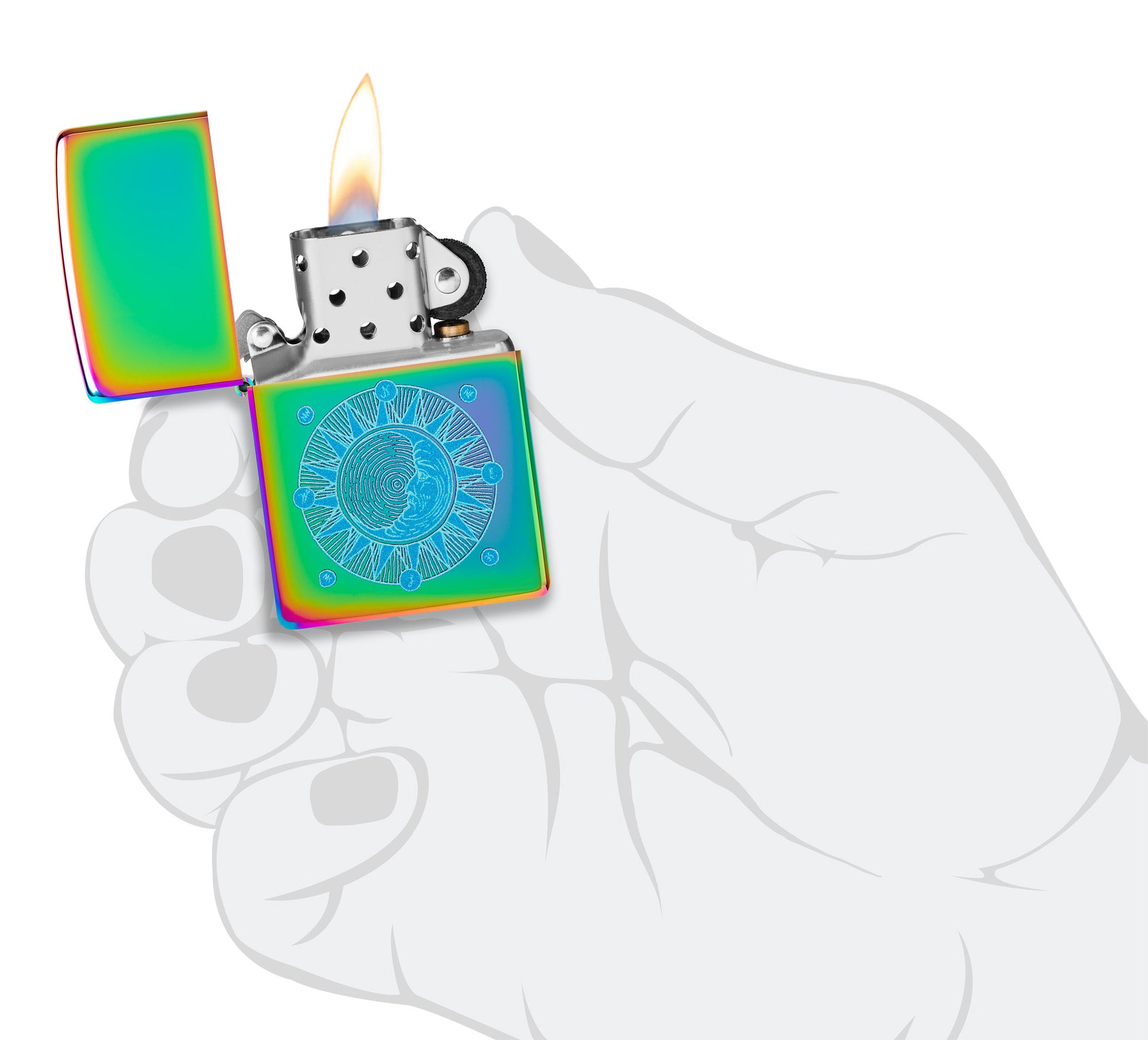 Zippo Sun Design Multi-Color Windproof Lighter lit in hand.