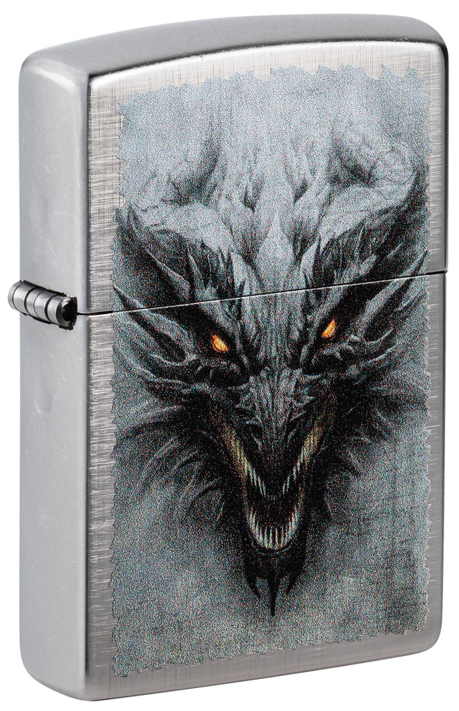 Front shot of Zippo Dragon Design Linen Weave Windproof Lighter standing at a 3/4 angle.