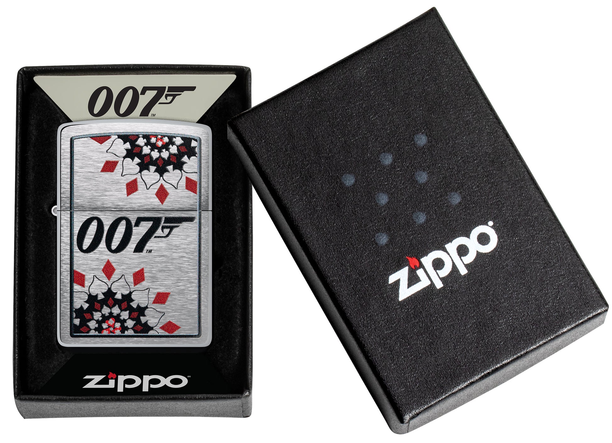 Zippo James Bond Brushed Chrome Windproof Lighter in its packaging.