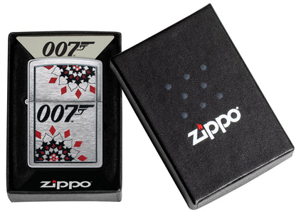 Zippo James Bond Brushed Chrome Windproof Lighter in its packaging.