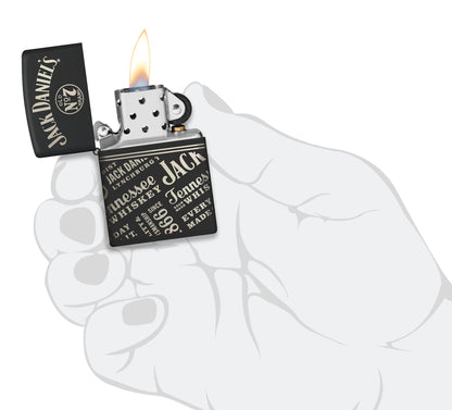 Zippo Jack Daniel'sÂ® Every Drop Design Regular Media Chrome Black Matte Windproof Lighter lit in hand.