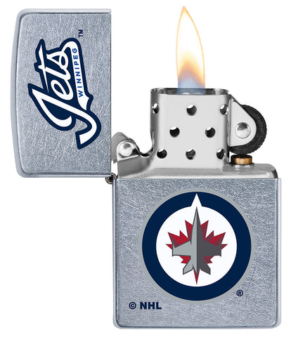 NHL Winnipeg Jets Street Chrome™ Windproof Lighter with its lid open and lit