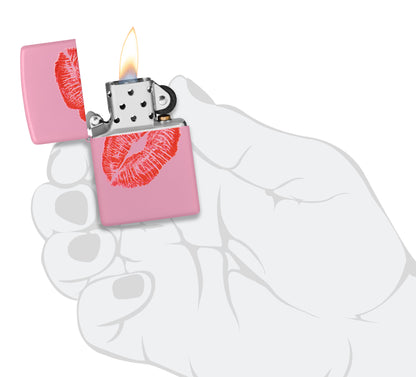 Zippo Smooches Design Pink Matte Windproof Lighter lit in hand.