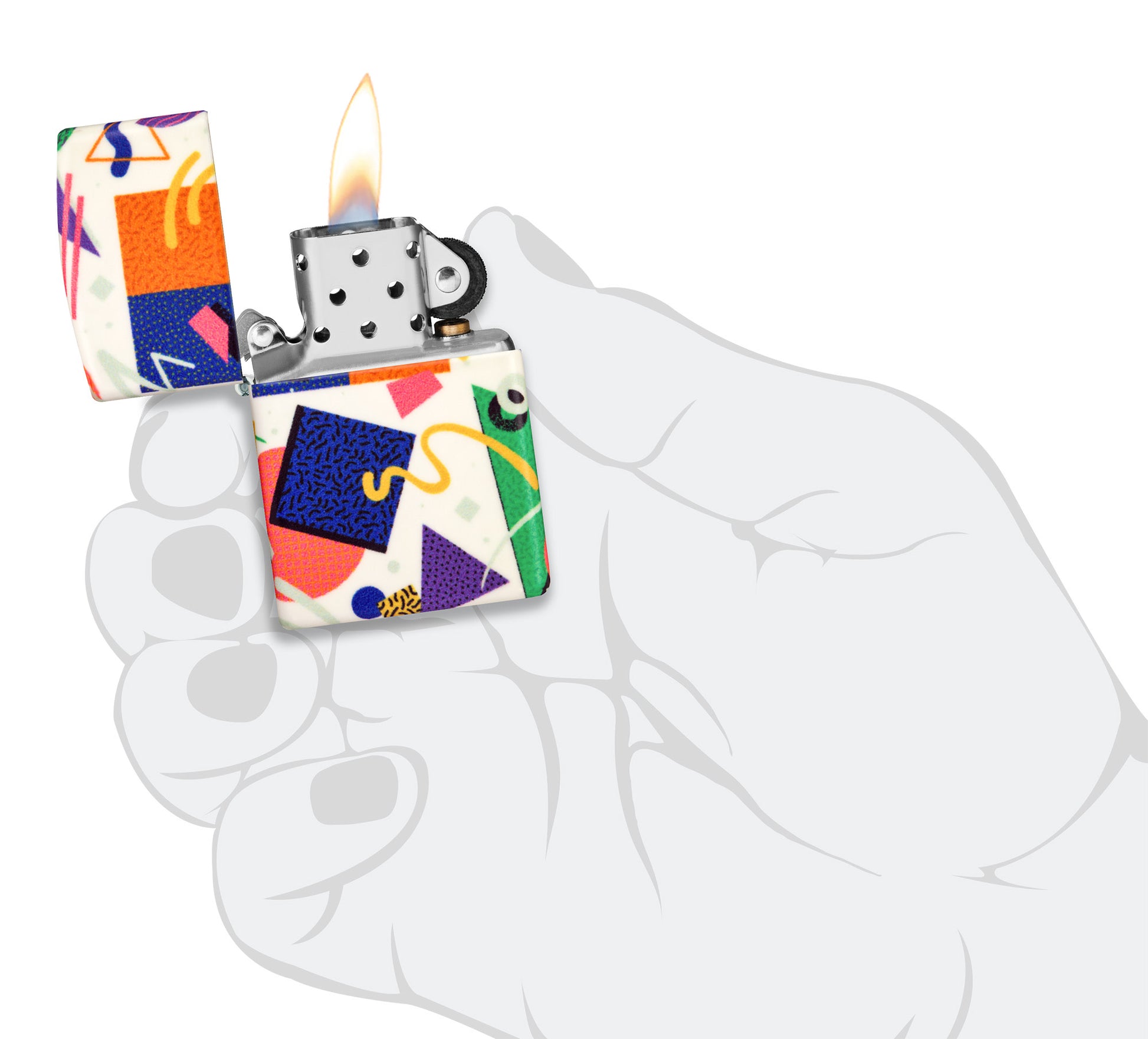 Zippo Throwback Pattern Design 540 Color Glow in the Dark Windproof Lighter lit in hand.