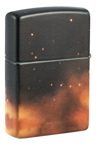 Back shot of Zippo Mythological Design Glow in the Dark Green Matte Windproof Lighter standing at a 3/4 angle.