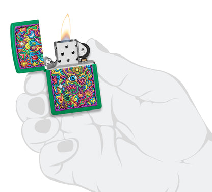 Zippo Trippy Design Grass Green Matte Windproof Lighter lit in hand.