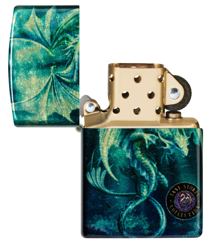 Zippo Anne Stokes Collection 540 Tumbled Brass Windproof Lighter with its lid open and unlit.