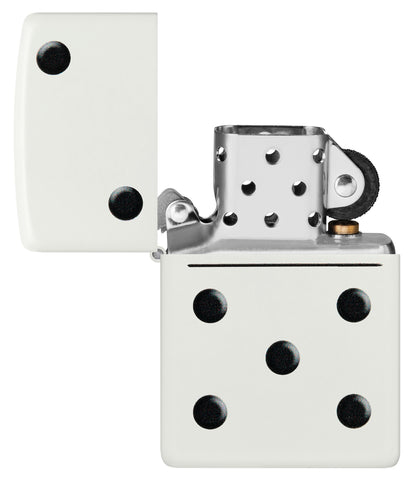 Zippo Domino Design White Matte Windproof Lighter with its lid open and unlit.