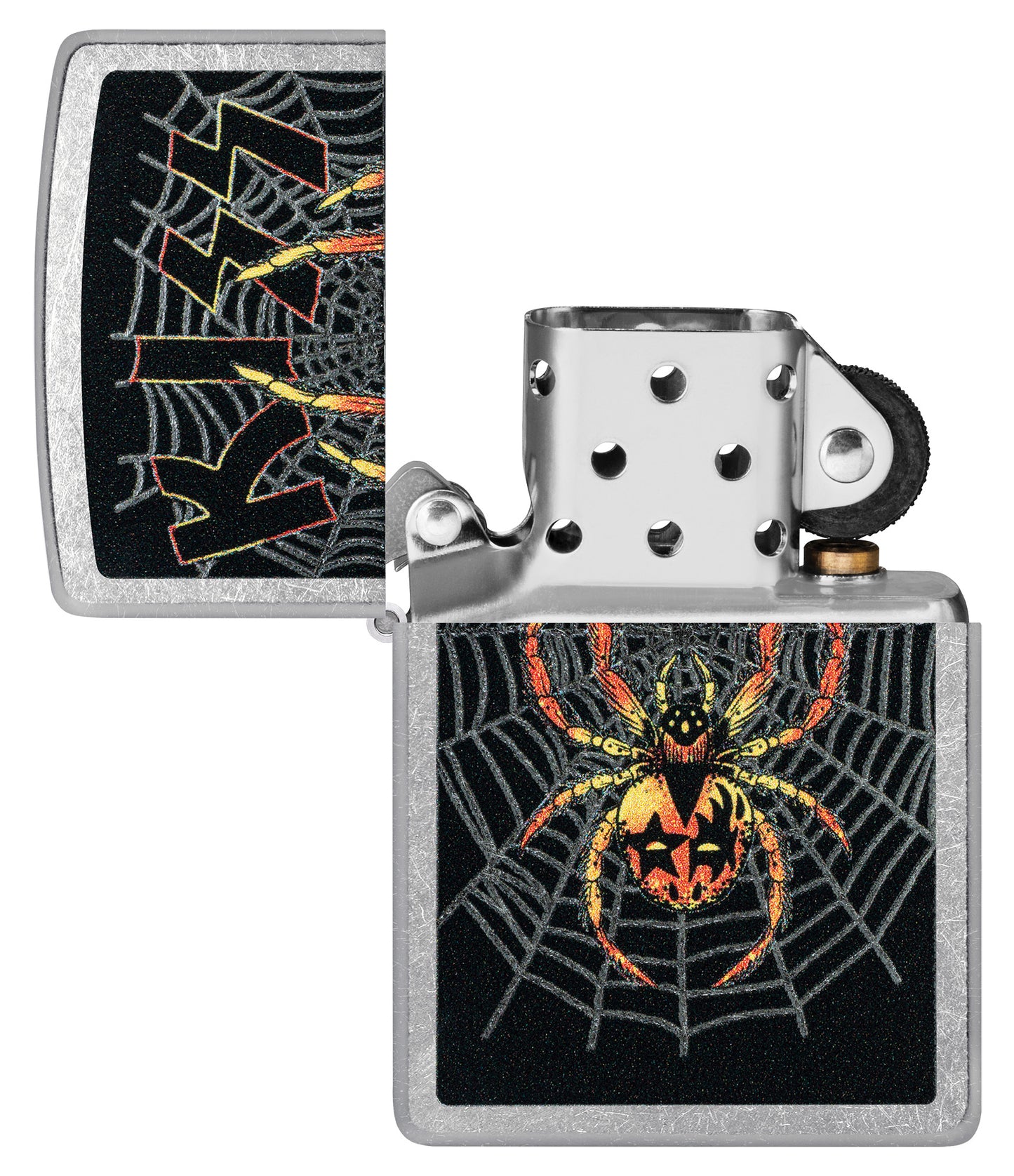 Zippo KISS® Spider Design Street Chrome Windproof Lighter with its lid open and unlit.