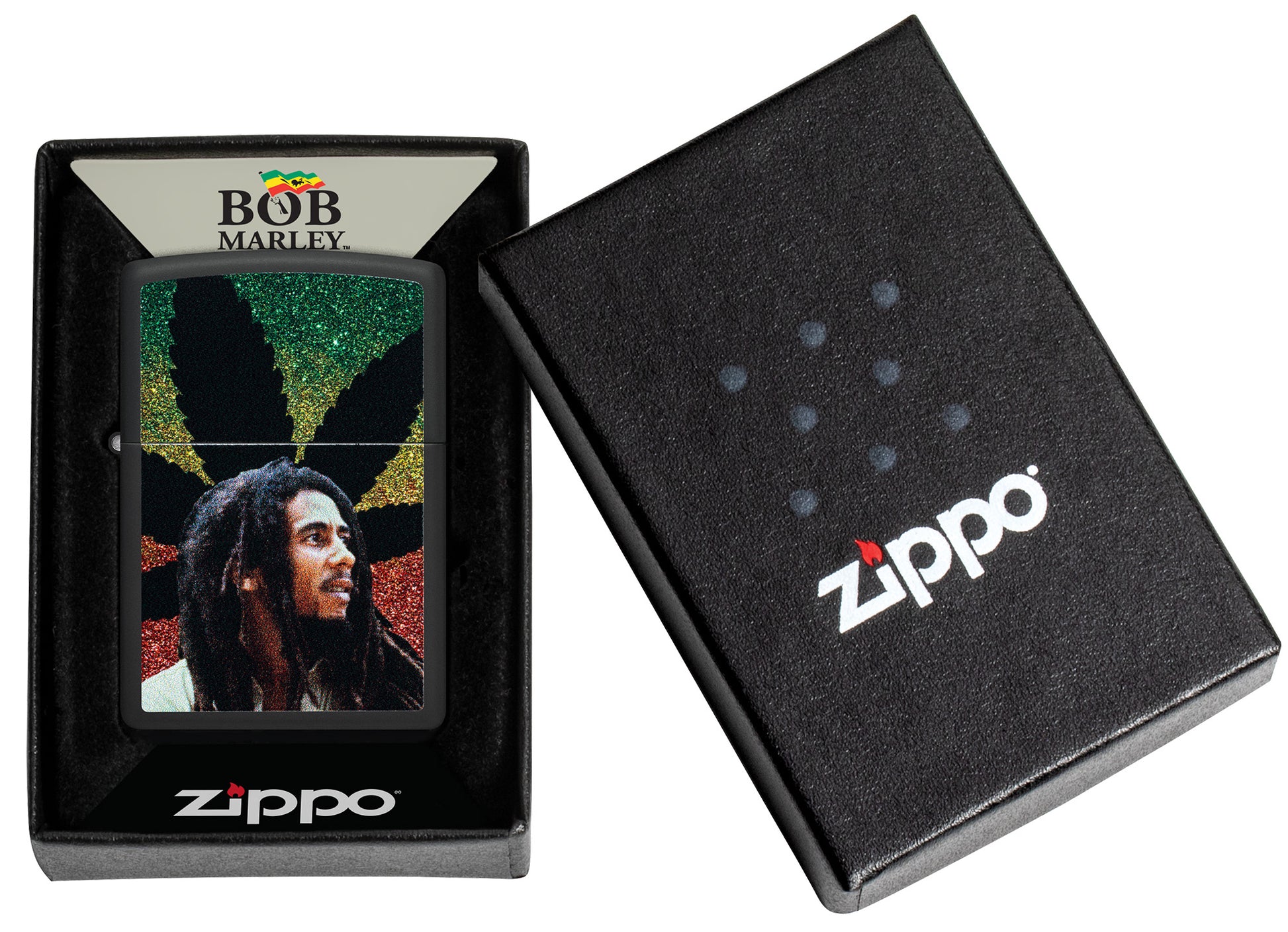 Zippo Bob Marley Cannabis Design Black Matte Windproof Lighter in its packaging.