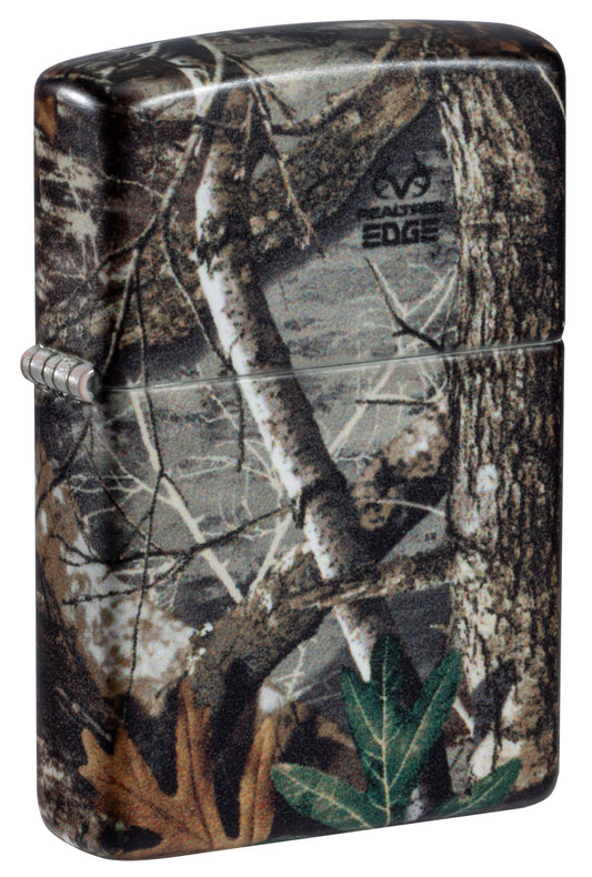 Front shot of Zippo RealtreeÂ® EDGEâ„¢ Camo Design 540 Matte Windproof Lighter standing at a 3/4 angle.