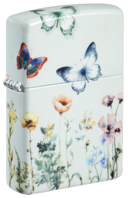 Front shot of Zippo Glowing Butterflies Design Glow in the Dark Windproof Lighter standing at a 3/4 angle.