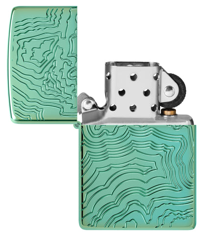 Zippo Map Armor High Polish Green Windproof Lighter with its lid open and unlit.