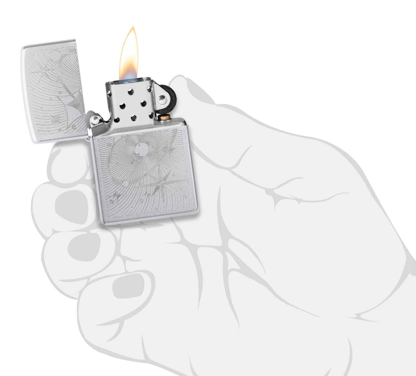 Zippo Atomic Cosmos Design Satin Chrome Windproof Lighter lit in hand.