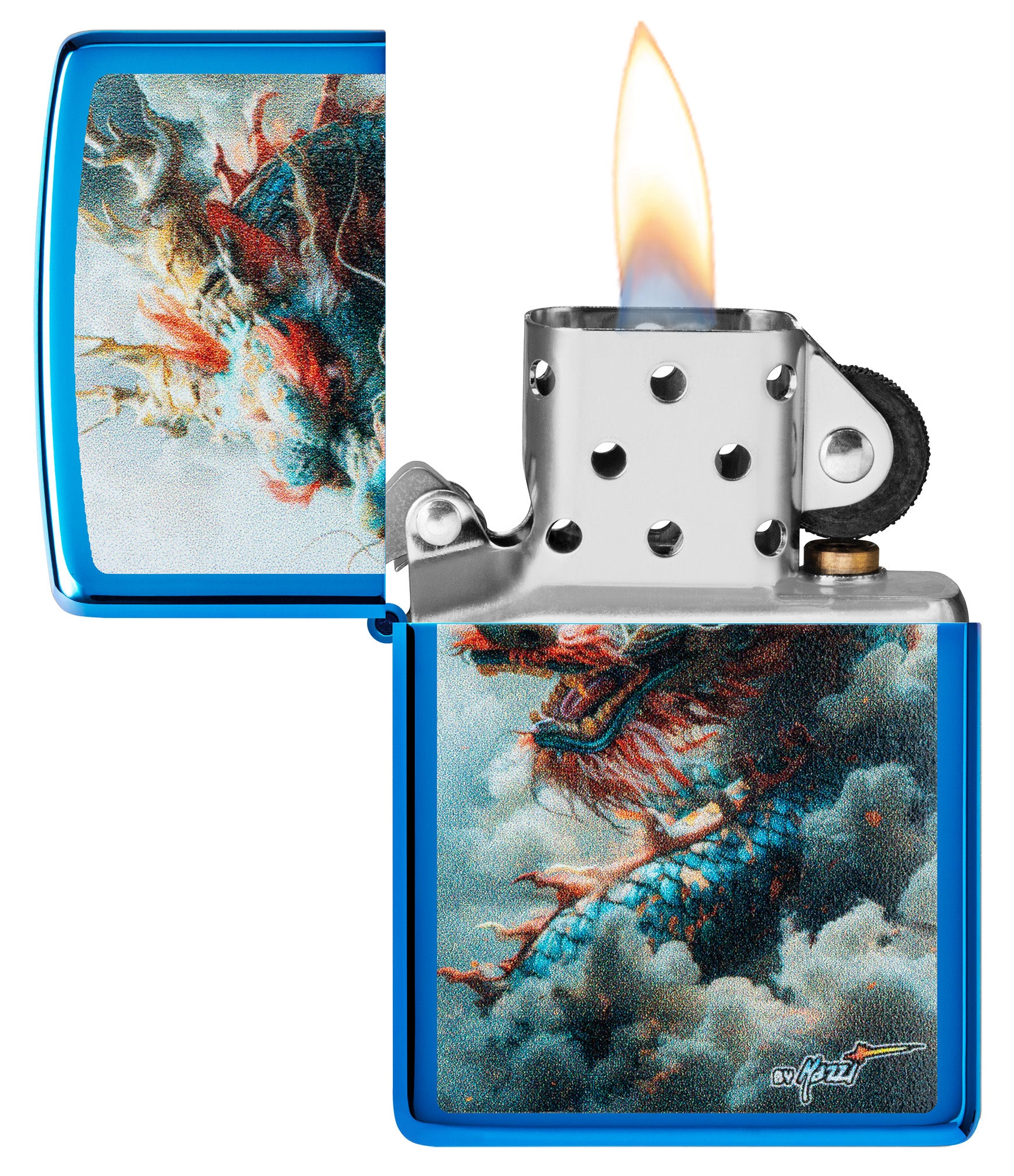 Zippo MazziÂ® Dragon Design High Polish Blue Windproof Lighter with its lid open and lit.