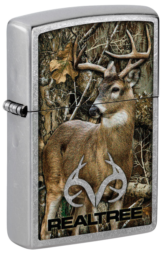 Front shot of Zippo RealtreeÂ® Buck Design Street Chrome Windproof Lighter standing at a 3/4 angle.
