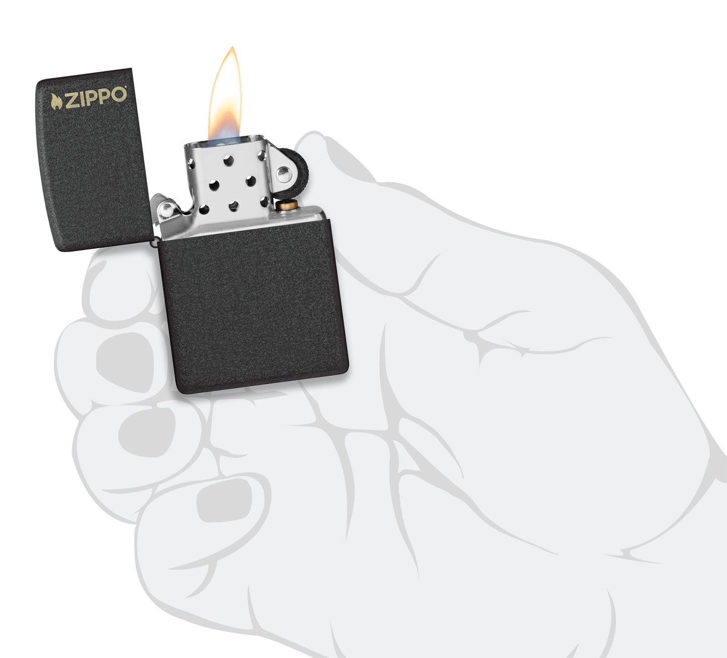Zippo Classic Black CrackleÂ® Zippo Logo Windproof Lighter lit in hand.