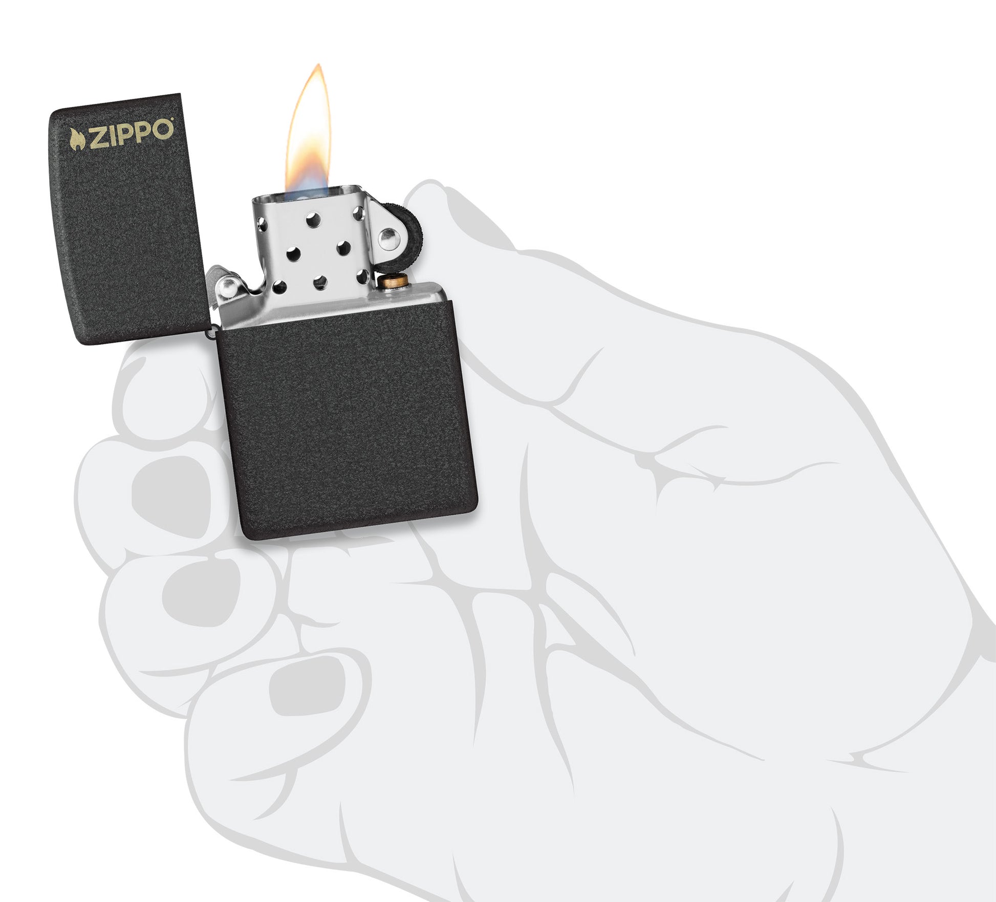 Zippo Classic Black CrackleÂ® Zippo Logo Windproof Lighter lit in hand.