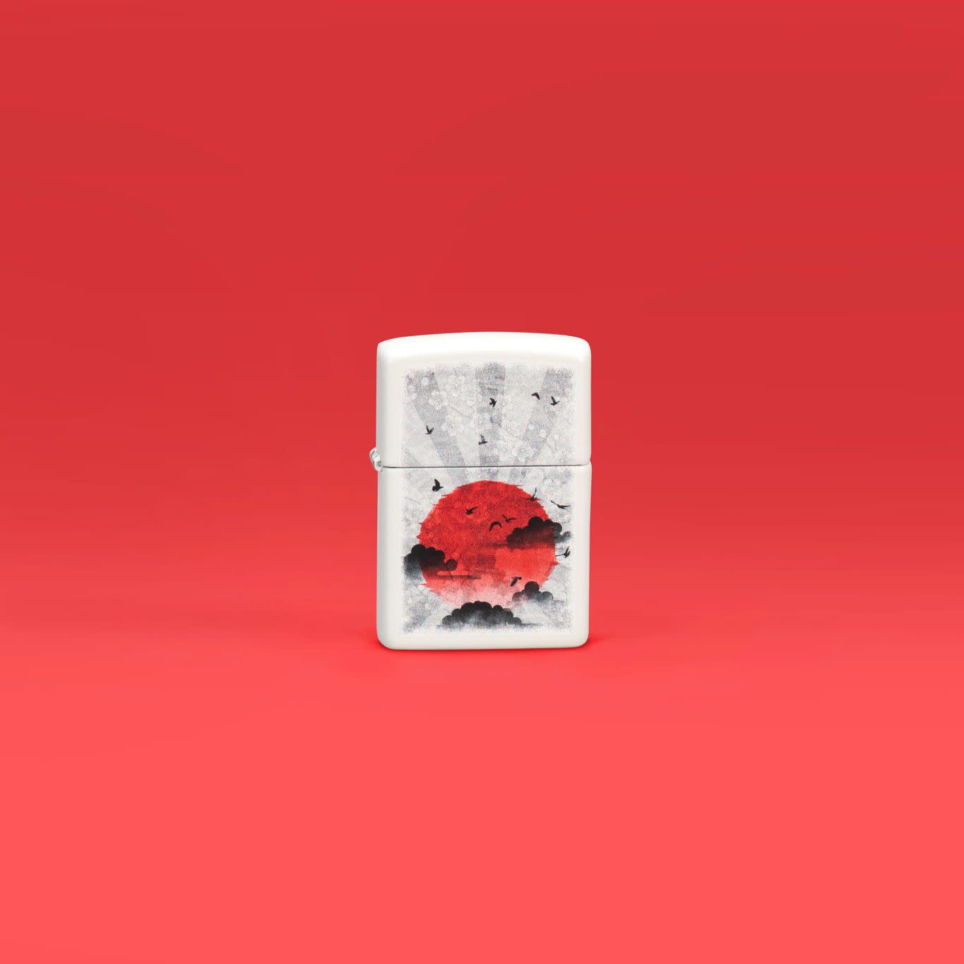 Lifestyle image of Zippo Red Moon Design White Matte Windproof Lighter standing in a red scene.