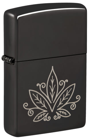 Front view of Zippo Cannabis Design High Polish Black Windproof Lighter standing at a 3/4 angle.