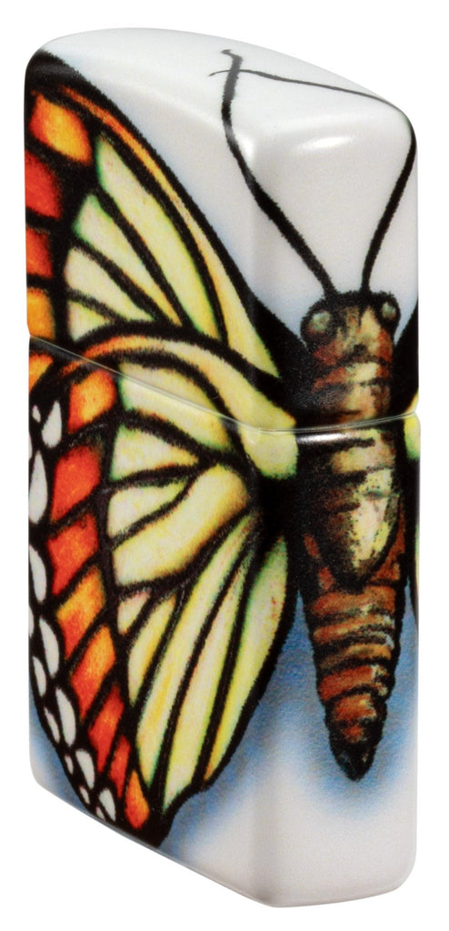 Angled shot of Zippo Butterfly Design 540 Color Windproof Lighter showing the front and right side of the lighter.