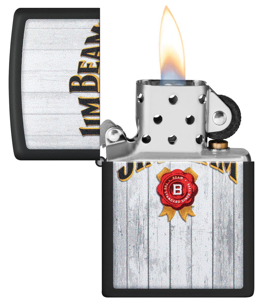 Zippo Jim Beam Black Matte Windproof Lighter with its lid open and lit.