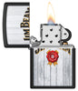 Zippo Jim Beam Black Matte Windproof Lighter with its lid open and lit.