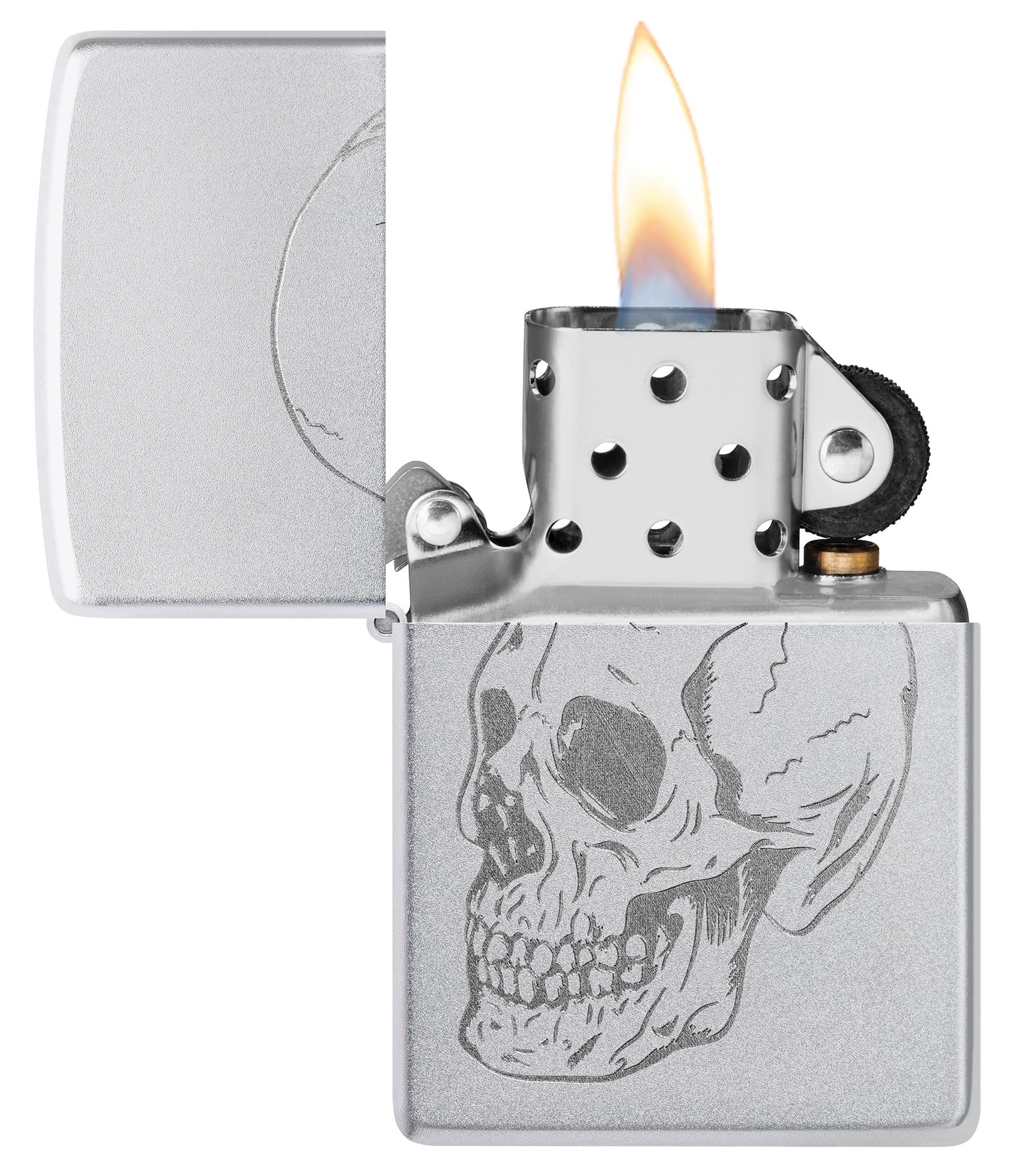 Zippo Subtle Skull Design Satin Chrome Windproof Lighter with its lid open and lit.