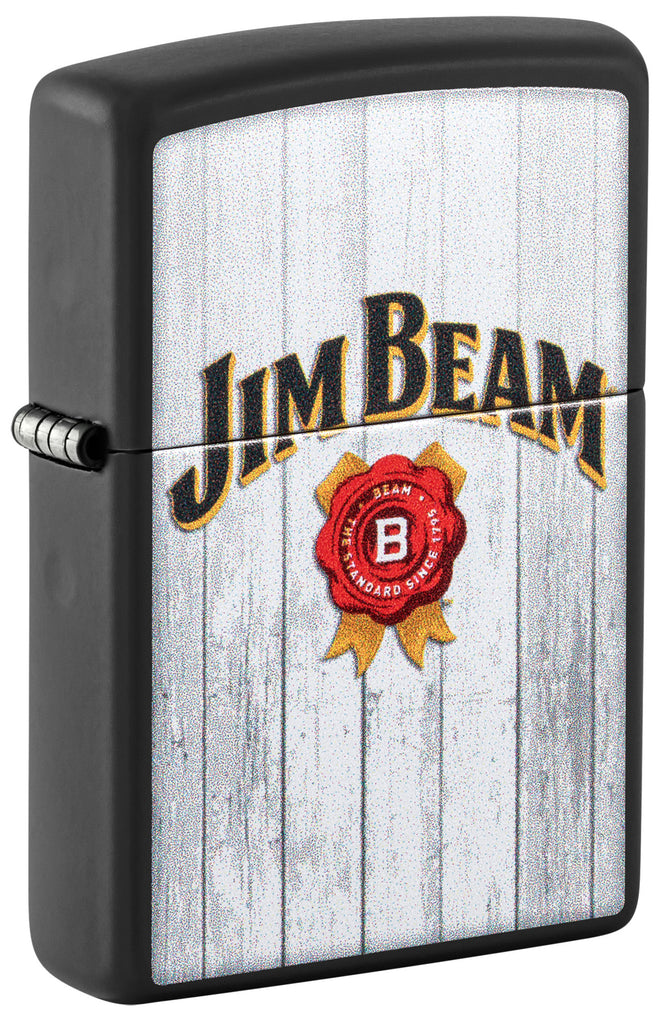 Front shot of Zippo Jim Beam Black Matte Windproof Lighter standing at a 3/4 angle.
