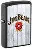 Front shot of Zippo Jim Beam Black Matte Windproof Lighter standing at a 3/4 angle.