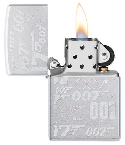 Zippo James Bond Satin Chrome Windproof Lighter with its lid open and lit.