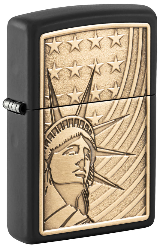Front shot of Zippo Lady Liberty Emblem Black Matte Windproof Lighter standing at a 3/4 angle.