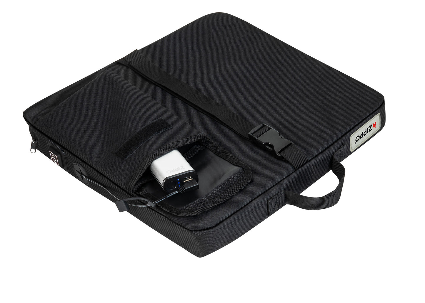 Bottom view of Zippo Heated Seat - Single showing a HeatBankÂ® 3 (not included) plugged into the seat.