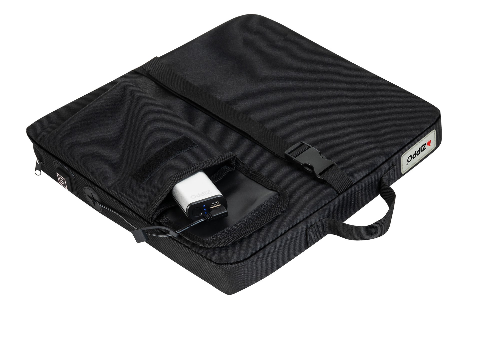 Bottom view of Zippo Heated Seat - Single showing a HeatBankÂ® 3 (not included) plugged into the seat.